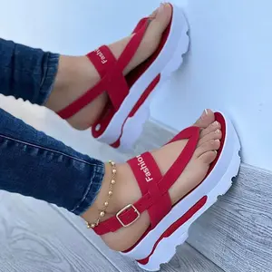 Women's Platform Thong Sandals, Solid Color Letter Buckle Strap Slingback Shoes, Outdoor Summer Sandals Girl Red Footwear Flatform Designer