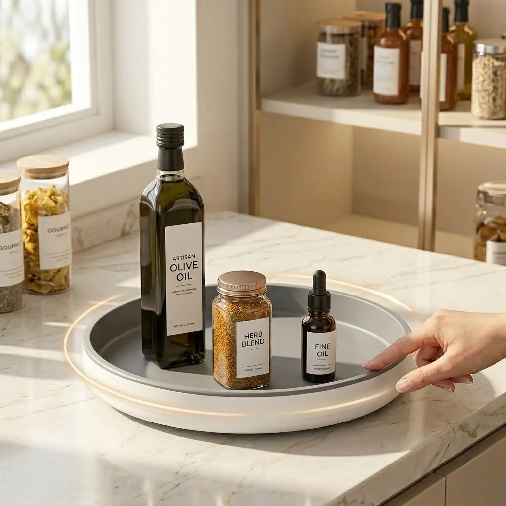 10-Inch (25cm Diameter) Plastic Lazy Susan Adjustable Height Tray for Home Supplies, 360° Rotates Smoothly, Non-Slip Waterproof Condiment Holder for Bottles, Easy to Maintain Cabinet/Countertop Organizer, Countertop Shelf