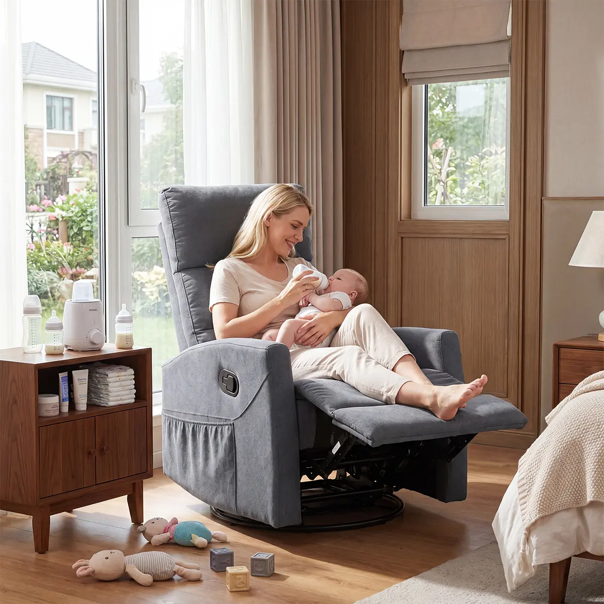 CHAIRUS Contemporary Manual Reclining Single Seat Swivel Fabric Chair - Durable Ergonomic Adjustable Seat-Back, Recline & Rock Function, Handle Lift, Tool-Free Indoor Furniture Chair, Max 155° for Living Room, Office, Manual Reclining Chair, Comfy Accent