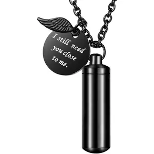 Cylinder Urn Necklace for Ashes Cremation / for human Pet Stainless Steel Memorial Keepsake Pendant with Angel Wing Charm Ashes