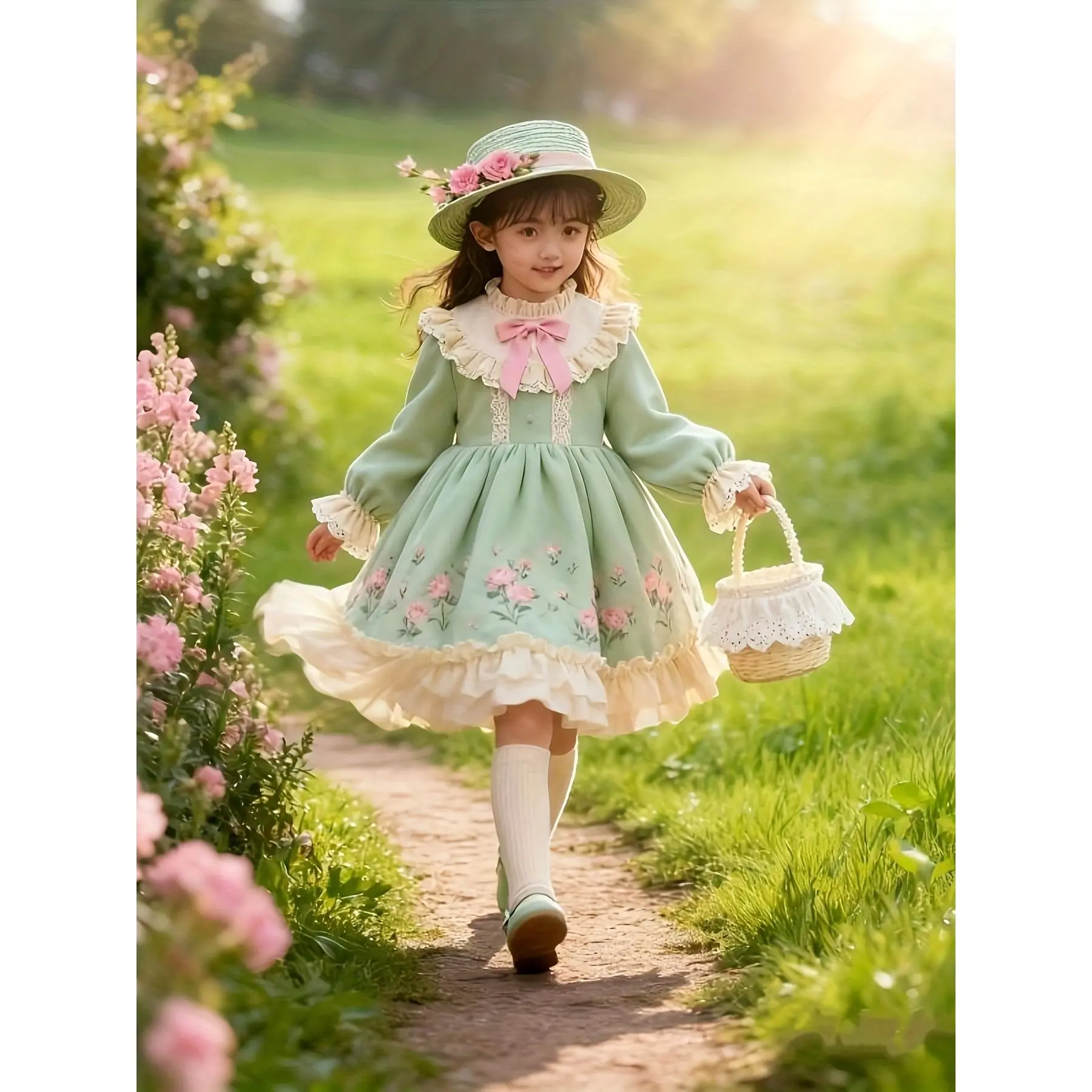 Girls' British Style Princess Dress with Ruffled Lace-Like Trim & Bow - Long Sleeve A-Line Party Dress, Mint Green & Pink, Layered Ages 3-14 (Hand Washable/Fall Outfit) - Elegant Formal Attire