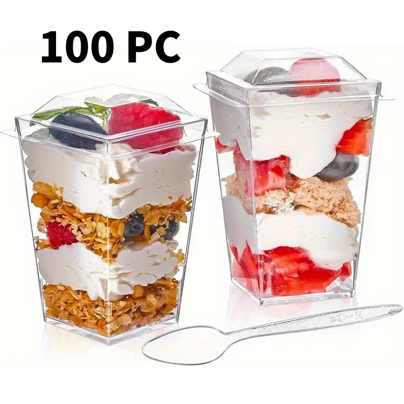 100 Pcs 5oz Eco-Friendly Crystal Plastic Square Disposable Dessert Cups with Lids & Spoons - Mini Pudding Jelly Baking Cups for Mousse, Birthday, Christmas Events - Ideal for Event Planners, Kitchenware/Bakeware Use, Mini Cup
