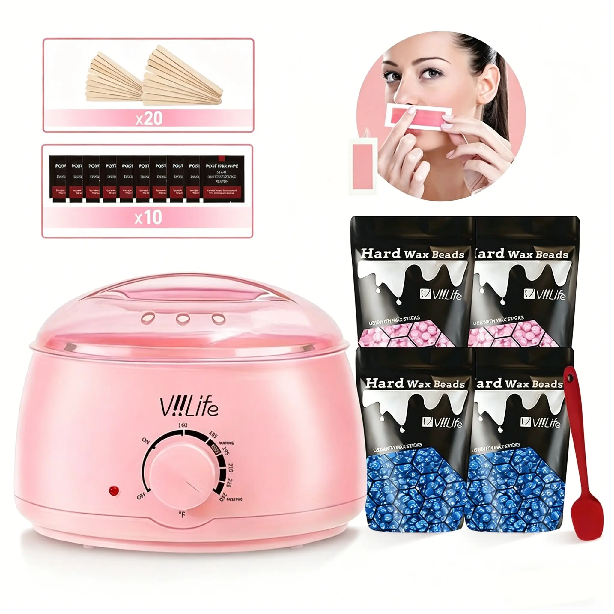 Viilife Wax Heater Depilatory Kit, Hair Removal, Waxing Warmer, Portable Large Pot, Includes 4 Packs Wax Beans, 20 Wax Sticks, 10 Wet Wipes, 20 Rose Lip Pads