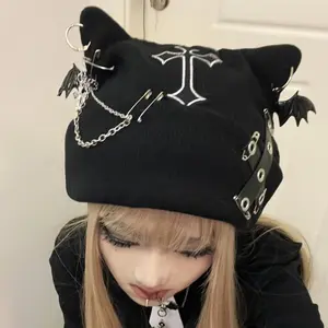 Women’s Black Gothic Streetwear Beanie | Cat Ear Knit Hat with Punk Chain & Bat Charm, Y2K Grunge Adjustable Cap for Everyday, Concerts, Festivals & Alternative Fashion