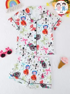2-Piece Kids Pajama Set, Short Sleeve Button Front Cardigan & Shorts, Cartoon Bow Pattern, Girls Medium Large, All Seasons, Cartoon Print Pajama