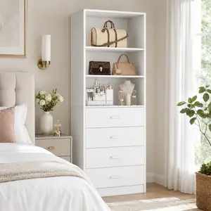 21.3" W Freestanding Closet System with 4 Drawers and Adjustable Shelves, Wood Walk-in Closet Organizer Tall Wardrobe Bedroom Armoire Storage Unit