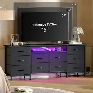 63" Long Dresser for Bedroom with 10 Fabric Drawers, Entertainment Center TV Stand 65"-75" TV, White Dresser with Power Outlet & LED Light Storage Drawers