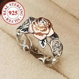 An exquisite S925 silver rose openwork ring, feminine and elegant engagement or wedding ring for her as a birthday or Valentine's Day gift, 3.4g