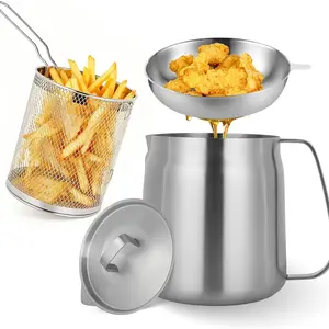 304 68oz Stainless Steel Deep Fryer Pot with Basket & Strainer, Large Capacity Bacon Grease Container for Kitchen,Frying, Cooking, Camping,Oil Filter Container - Dishwasher Safe (68oz/2L/2.1Qt)