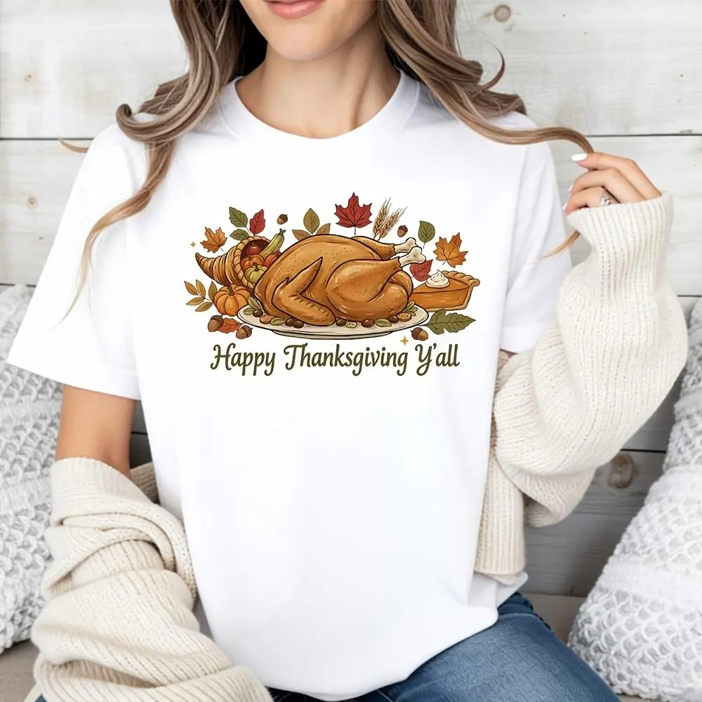 Happy Thanksgiving Yall Roasted Turkey And Autumn Leaves Print, Raglan Long-Sleeved T-Shirt, Fall Harvest Festival Holiday Top, Casual Autum