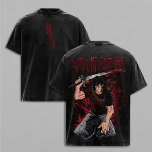 Streetwear Style Black Washed Jujutsu Kaisen Toji Fushiguro Graphic T Shirt for Men Anime Print Short Sleeve Crewneck Cotton Tee Trendy Casual Top for Fans and Daily Activities