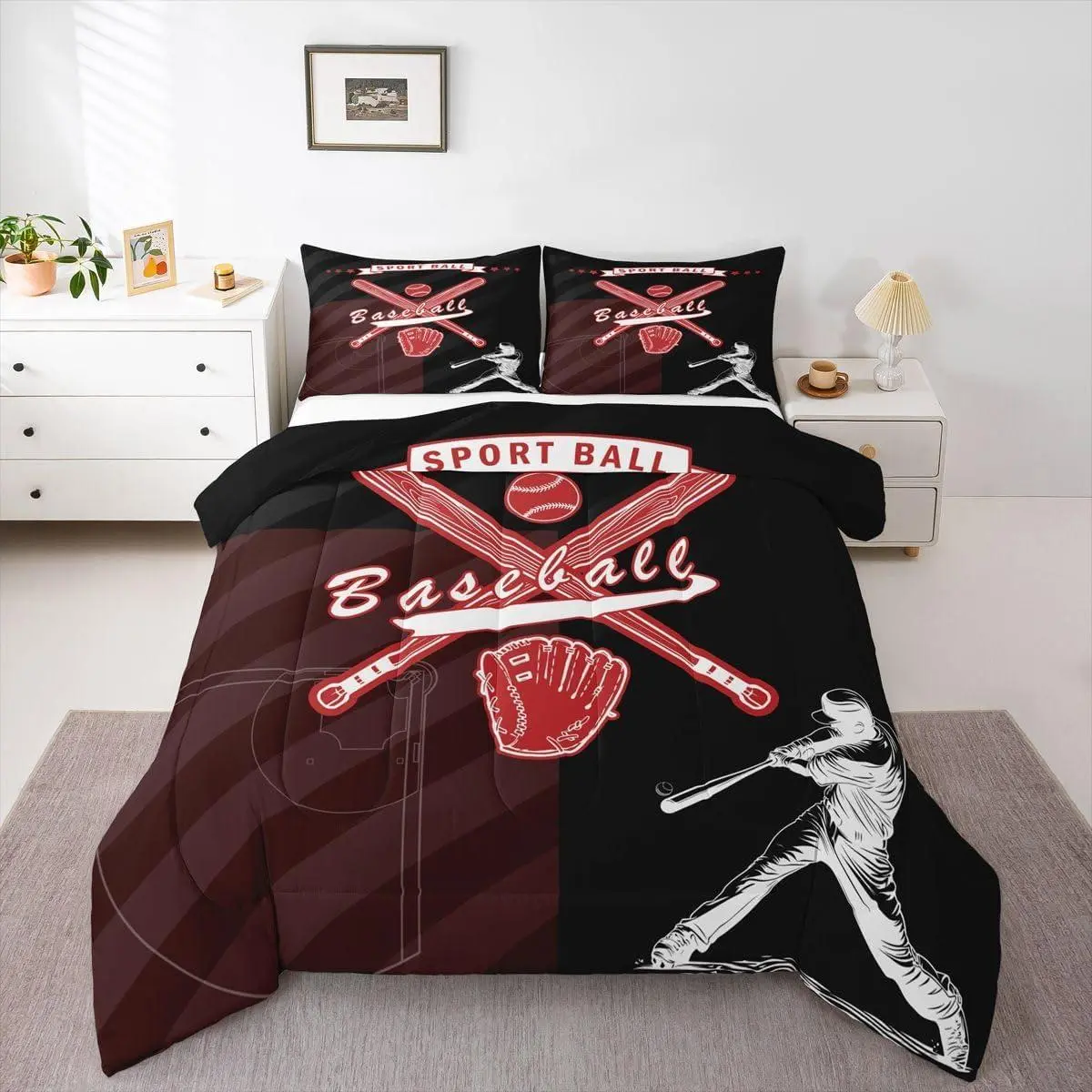 Boys Baseball Theme Comforter Set Baseball Player Bedding Set for Kids Boys Girls Sport Ball Duvet Quilt Black Red Bedroom Decor