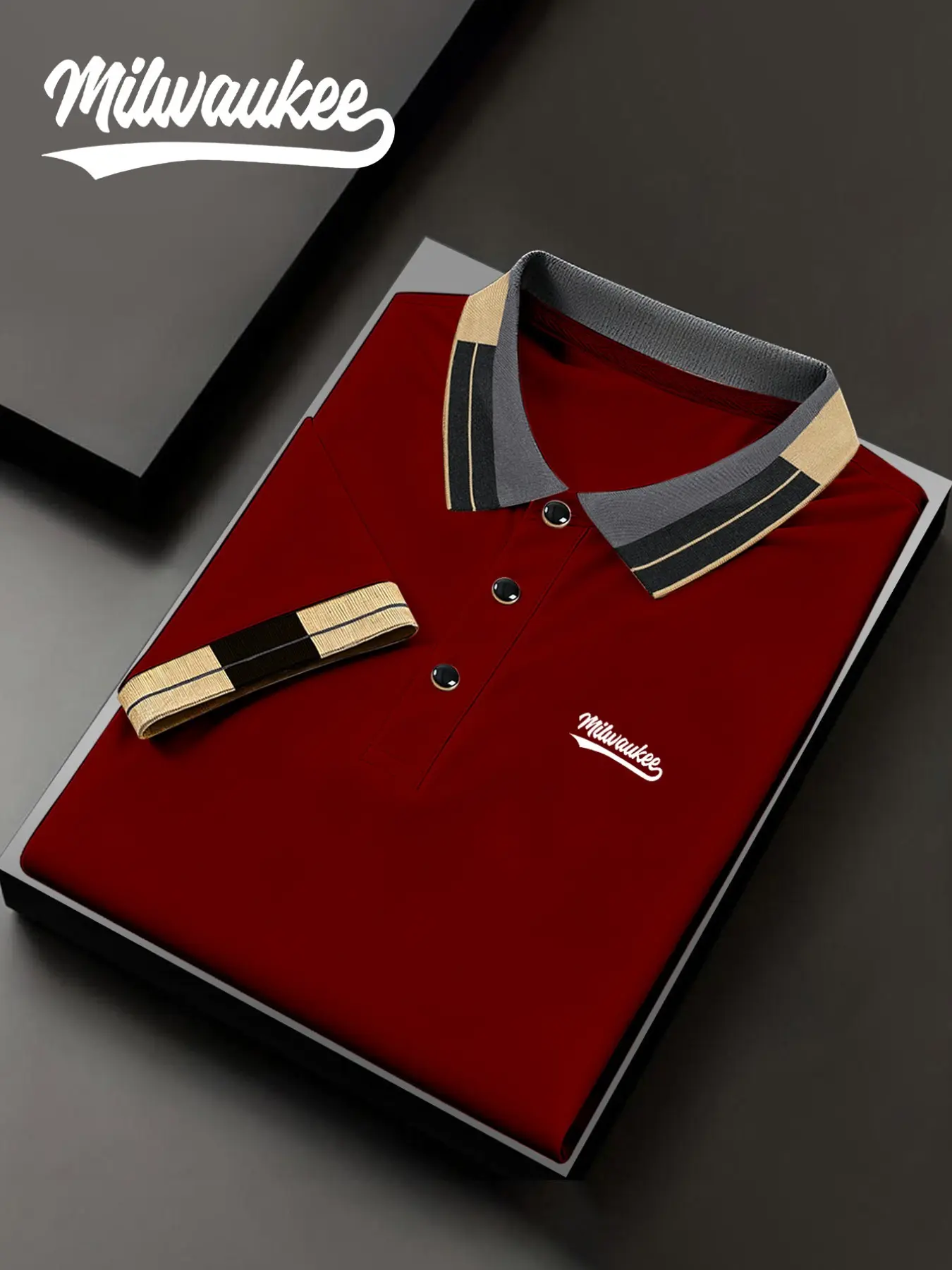 Men's Milwaukee Logo Print Pique Polo Shirt, Fitted Polo Shirts, Fitted Casual Geometric Pattern, Breathable Stretch Fabric, All-Season Comfort, Durable High-Quality