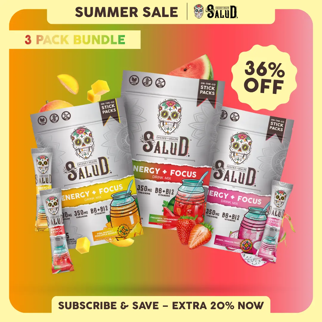 Salud 2-in-1 [Energy + Focus - Trio] Clean Energy Drink Mix, Agua Fresca, Organic Caffeine, B6 & B12, L-Theanine, Non-GMO, Gluten Free, Vegan, 1g Sugar (3-Pack, 45 Servings)