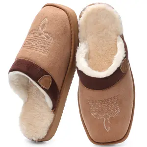 OOW Cowboy Boot Slippers for Men Western House Slippers Indoor & Outdoor Square Toe Chestnut Soft Faux Fur Lining Durable Cotton Fabric