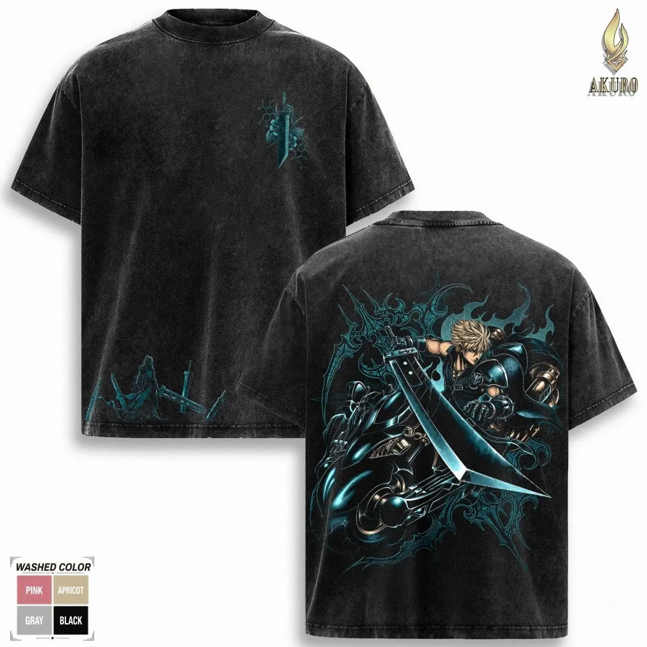 Cloud Final Fantasy VII Double Printed Oversize Tshirt Acid Washed Tee TV Show Graphic Top Cotton Gift T-Shirt For Game Lover, Gift T-Shirt For Movie Anime Lover Men's Regular Fit Floral Print Tee streetwear AAL