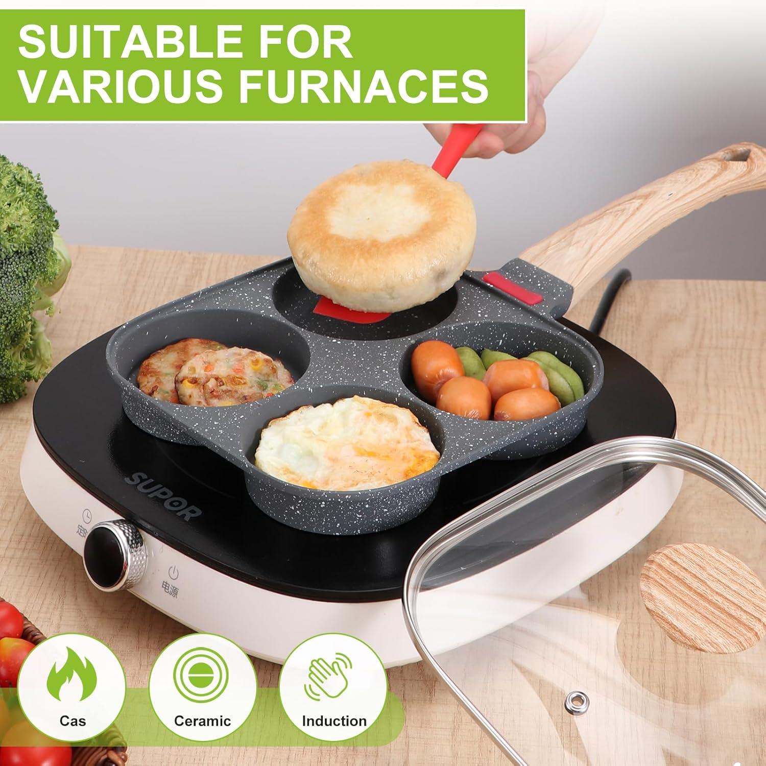 4-Cup Egg Pan, Premium Egg Pans Nonstick, Omelette Pan with Lid , Healthy Egg Frying Pan for Breakfast, Egg Sandwich, Hamburger, Pancake, Egg Skillet Suitable for Gas Stove & Induction Cookware