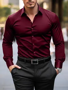 Men's Solid Color Long Sleeve Dress Shirt, Slim Business Formal Button Front Collared Top  for Work Office, Men's Clothes for All Seasons, Button Down Shirts