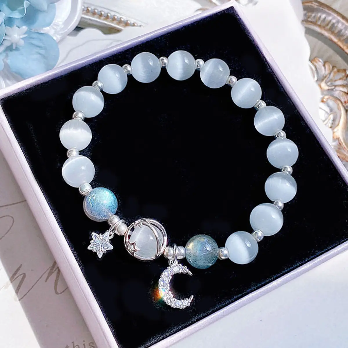 Zircon Bracelet Style Bag Charm for Female with Gemstone Moon & Star Motif, Blue Beads and Grey Moonlight Crystal Accents, Crystal Bracelet, Beaded Bracelet Stack