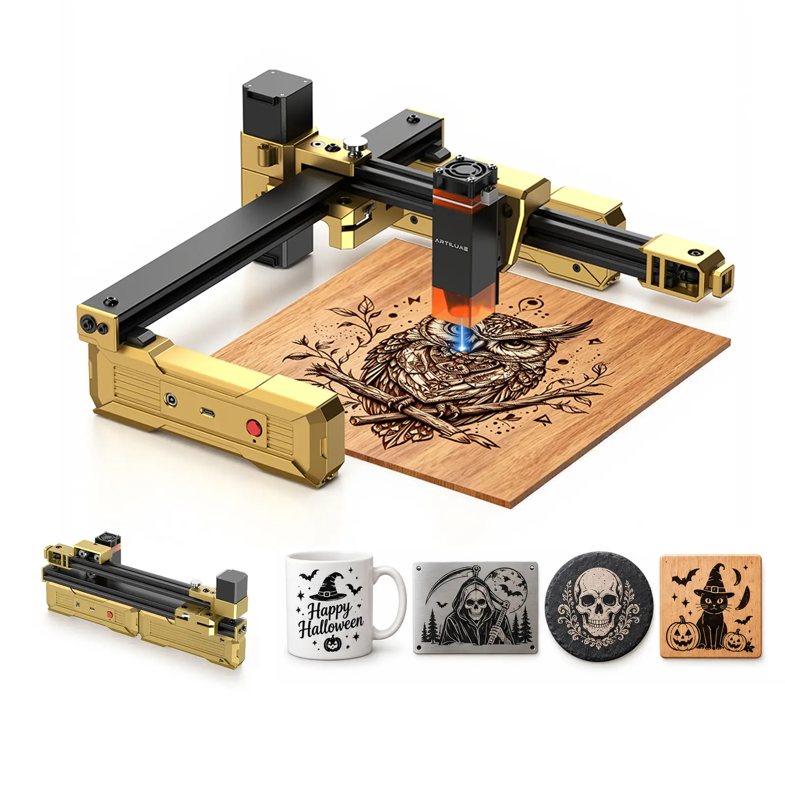 ARTILUME T1 Laser Engraver, No APP, Foldable No-Setup Design, Beginner-Friendly, for Wood, Leather, Acrylic & Coated Metal, Ideal for DIY Crafts & Custom Gifts