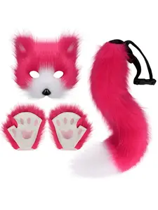 Halloween Plush Cat Fox Tail Beast Style Mask Gloves Set, Cosplay Props, Three-Piece Costume Accessory, Party Favors