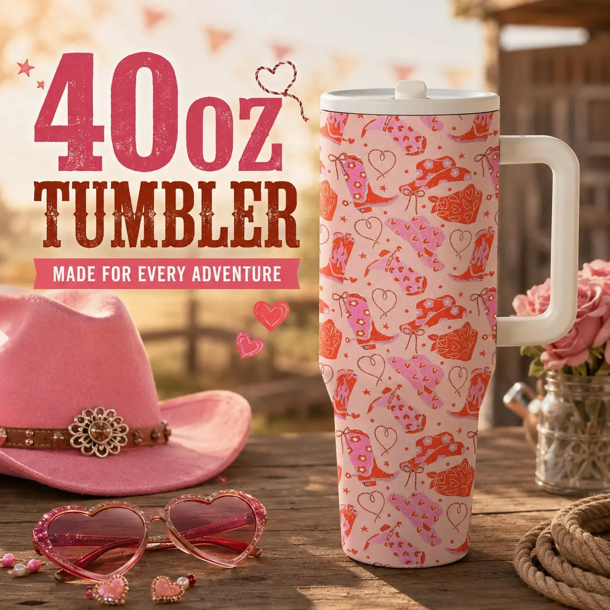 AuraCup 1pc 40oz Insulated Tumbler with Handle and Lid, Thermos Cup, Stainless Steel Drinkware, Western Cowgirl Boots Carousel Pattern Stainless Steel Tumbler, Double Wall Vacuum Travel Mug, Keeps Cold 12H Hot 6H, Gift for Cowgirl Western Lovers