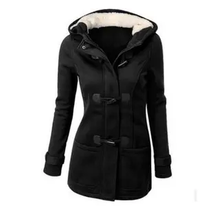 women's wool blend hooded coat, women's winter horn button zipper hooded pea coat, slim fit women's coat, long sleeve round neck pullover hooded jacket, winter hooded parka, fur lined windbreaker