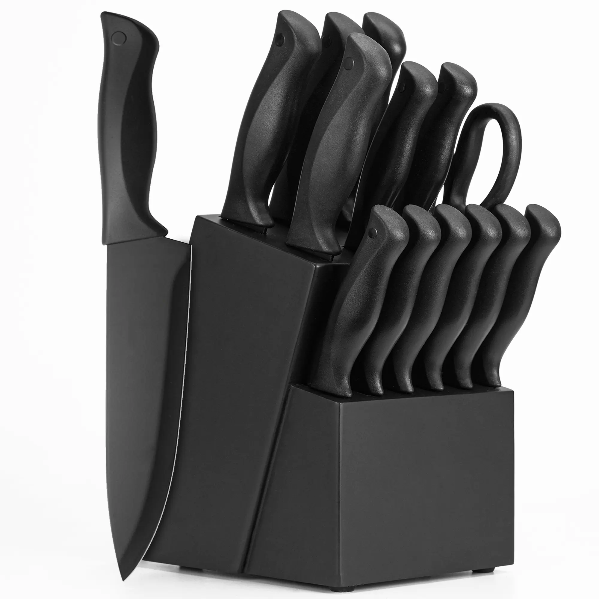 15-Pc Knives Kitchen Set with Self-Sharpening Wood Block Storage, Steel Coated Black Knives, Dishwasher Safe, Anti-Slip Ergonomic Handle, Steak Slicer - Essential Kitchenware for Everyday Use