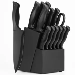 Knife Set, HUNTER.DUAL 15 Pcs Kitchen Knife Set with Block Self Sharpening, Dishwasher Safe, Anti-slip Handle, Black Steel Wood Wooden Sharpener Steak Cutting