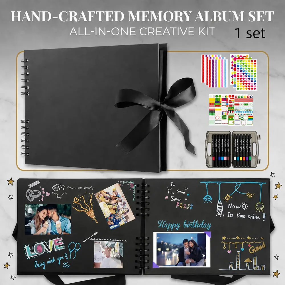 【Back to school】DIY Scrapbook Album Set, Memory Book for Baby Shower, Birthday, Wedding, Party, Travel, Graduation Gift with Markers, Stickers&12pcs acrylic pens