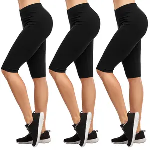 3 Pack Women's Cotton Biker Shorts Leggings Knee Length High Waisted No See-Through Athletic Workout Running Cycling Yoga Tummy Control Activewear