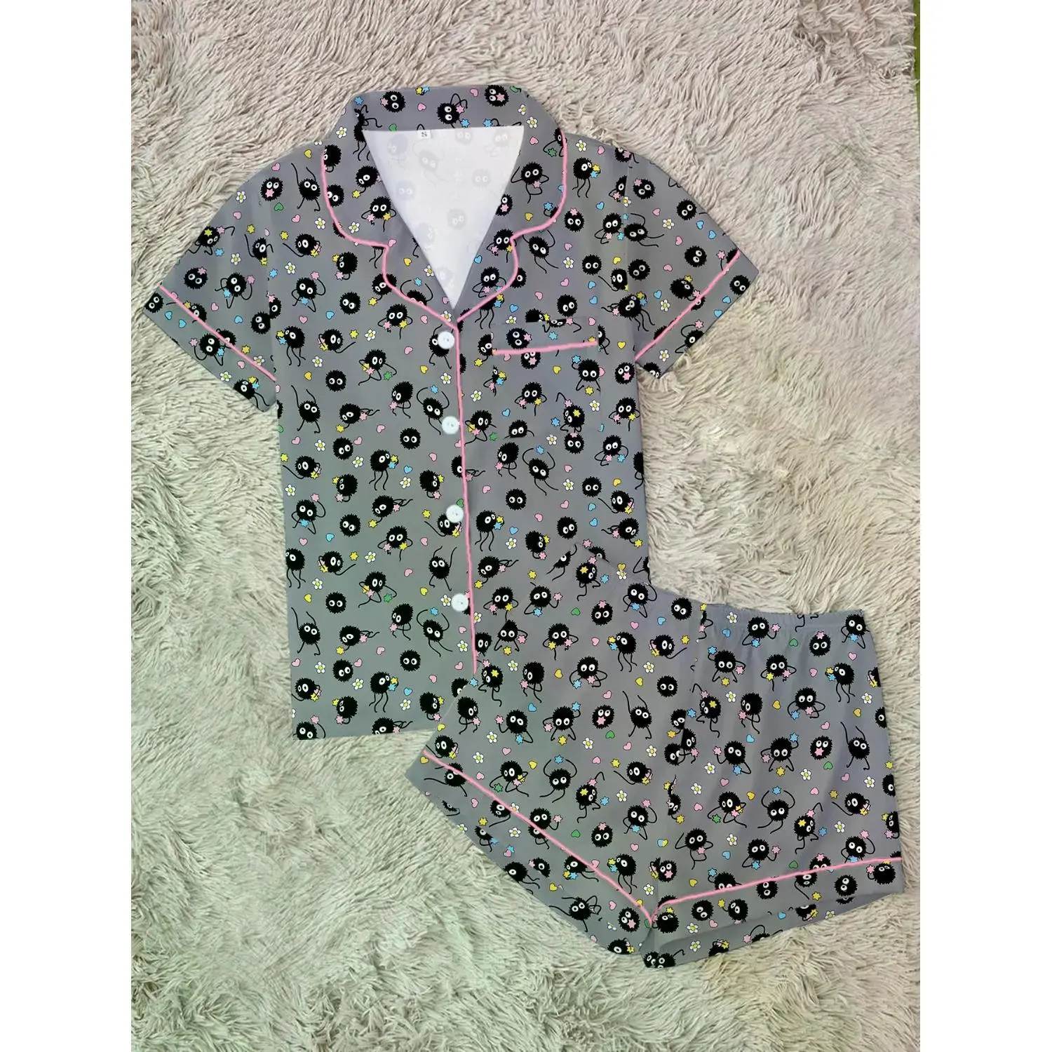 Women's Soot Sprites Cartoon Print Pajama Set - Comfortable Two-Piece Sleepwear with Short Sleeve Button-Up Top and Elastic Waist Shorts