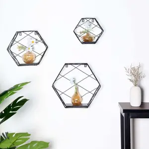 3 Pack Black Hexagonal Floating Wall Shelves, Decorative Geometric Wall Mounted Shelves 9",12",14"