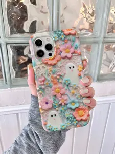 Halloween 3d Look Pink Pastel Clay Ghost Floral Cute Flower iPhone Case Applicable to iP15Promax ip14Pro mobile phone case 12 trendy brand 13 anti-fall cover 14Promax 15Pro cute Plus phonecase Accessories Acrylic casetify