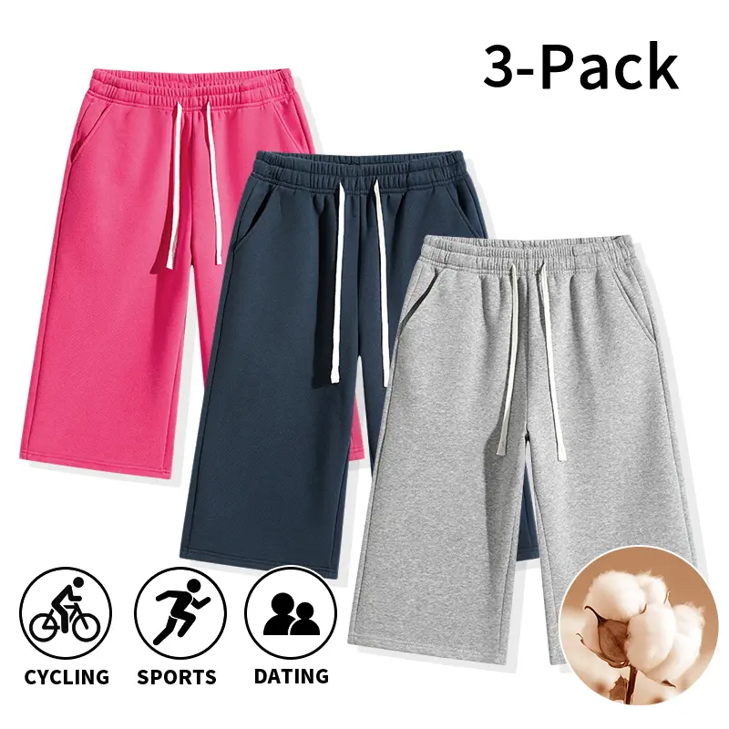 Men's 3-Pack Cropped Sweatpants in Cotton Fleece, 3/4 Athletic Cut with Pockets and Elastic Waist for Biking, Drawstring, Male