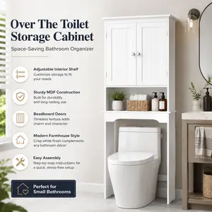 Over The Toilet Storage Cabinet Bathroom Organizer with Adjustable Shelves Double Doors Beadboard Panel MDF Freestanding Space Saver for Small Bathroom Laundry Room Apartment Toiletry Storage White Home