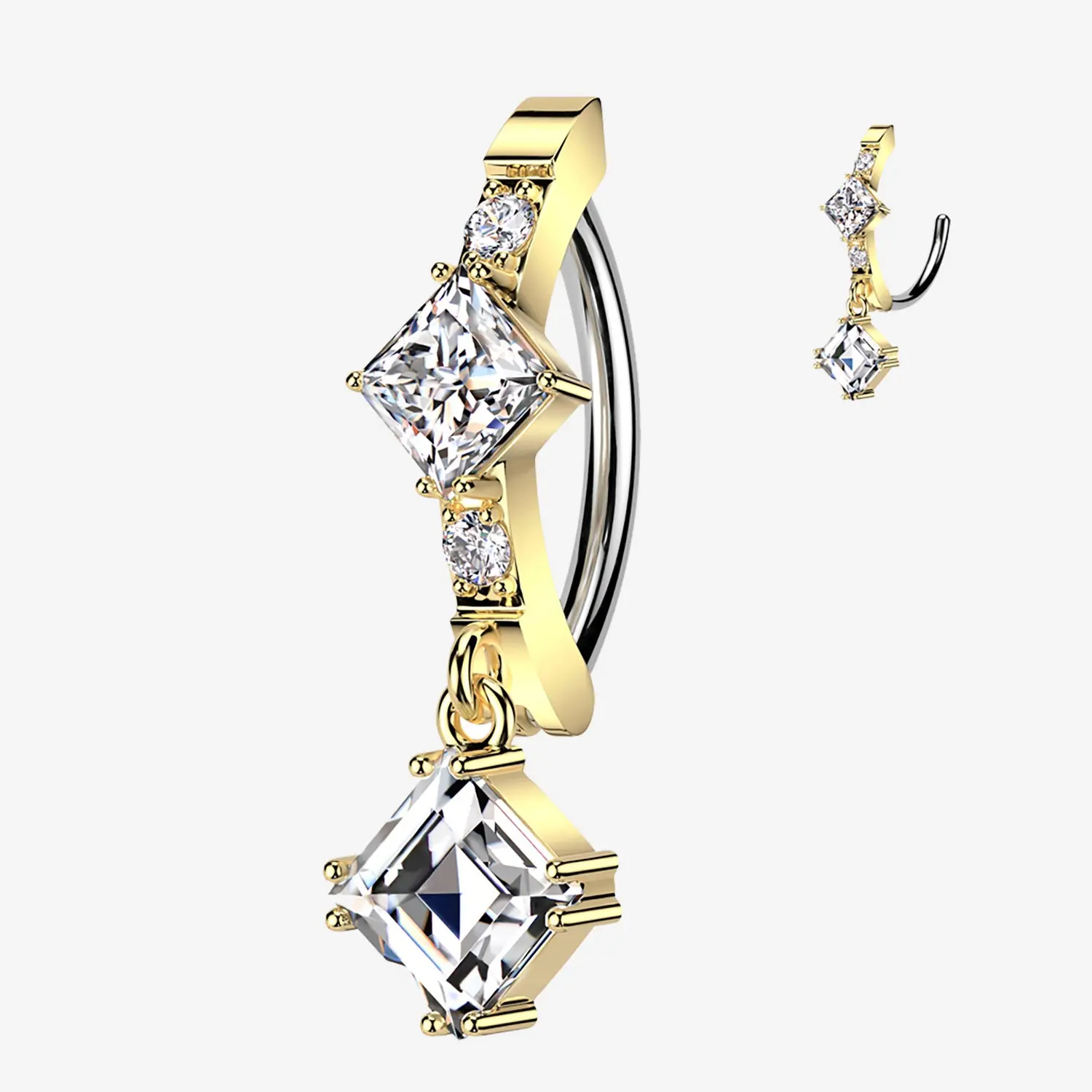 Golden Brilliant Diamante Sparkle Dangle Curved Bar Belly Clicker