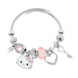 Sanrio Hello Kitty Charm Bracelet with Heart Key & Pink Bead Accents Adjustable Fit Sparkling Design for Sanrio Fans
