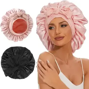 2026 Satin Bonnet Adjustable Skin friendly Double Layer Satin Lined Hair BonnetFor Sleeping Hair Bonnet For Women Satin NightCaps Hair Care Pink
