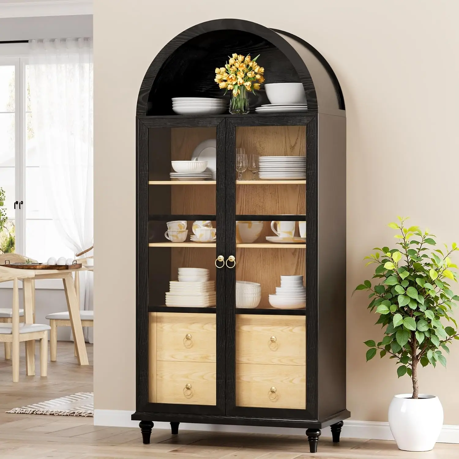 Furmax 71-in Modern Arched Kitchen Pantry - Black Sideboard with Storage, 2 Large Drawers, Adjustable Shelves, Apartment Furniture for Kitchen, Dining Room, Studio Apartment