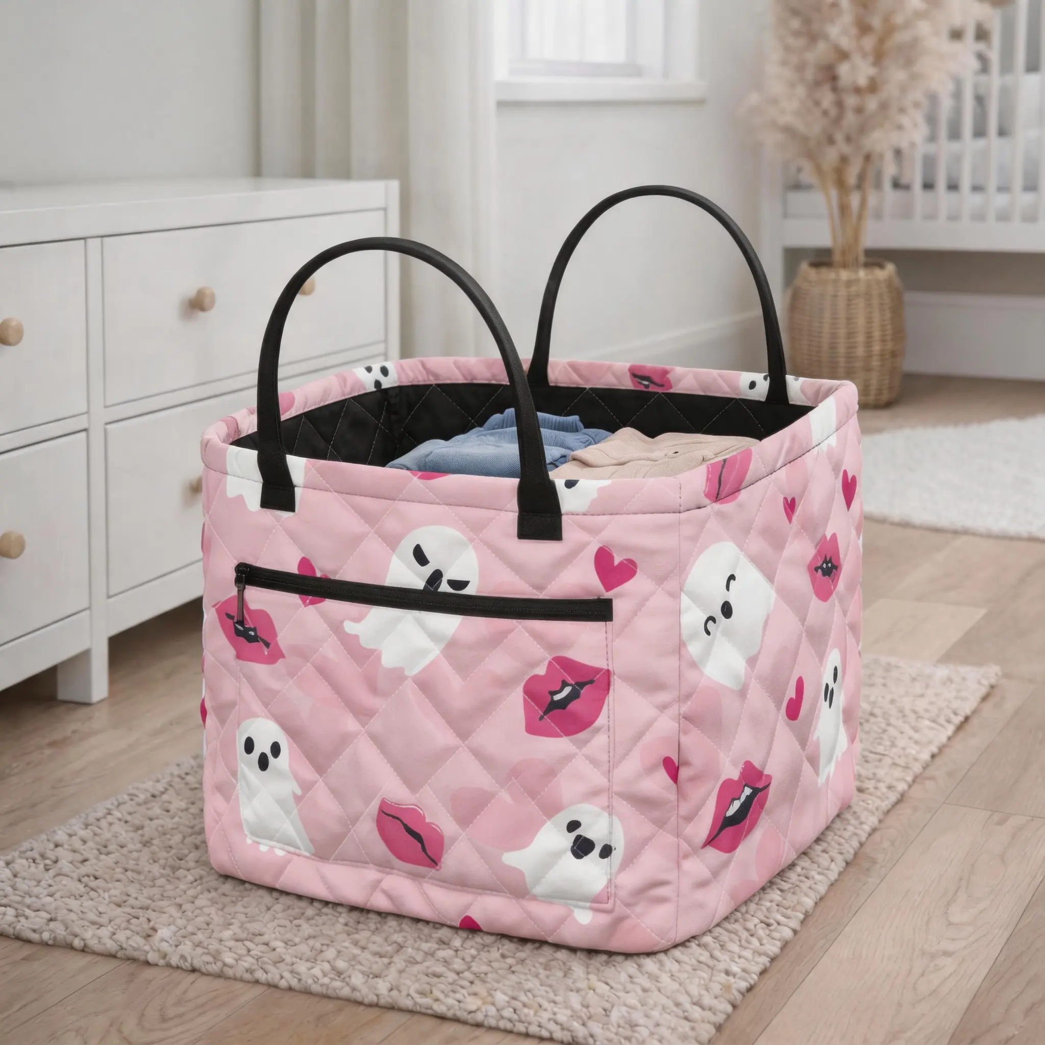 Pink Halloween Quilted Storage Organizer Basket - Spooky Ghost-Heart Print Fabric Bin, Collapsible Multi-Purpose Tote for Clothes, Toys, Bedroom Home Decor car accessory