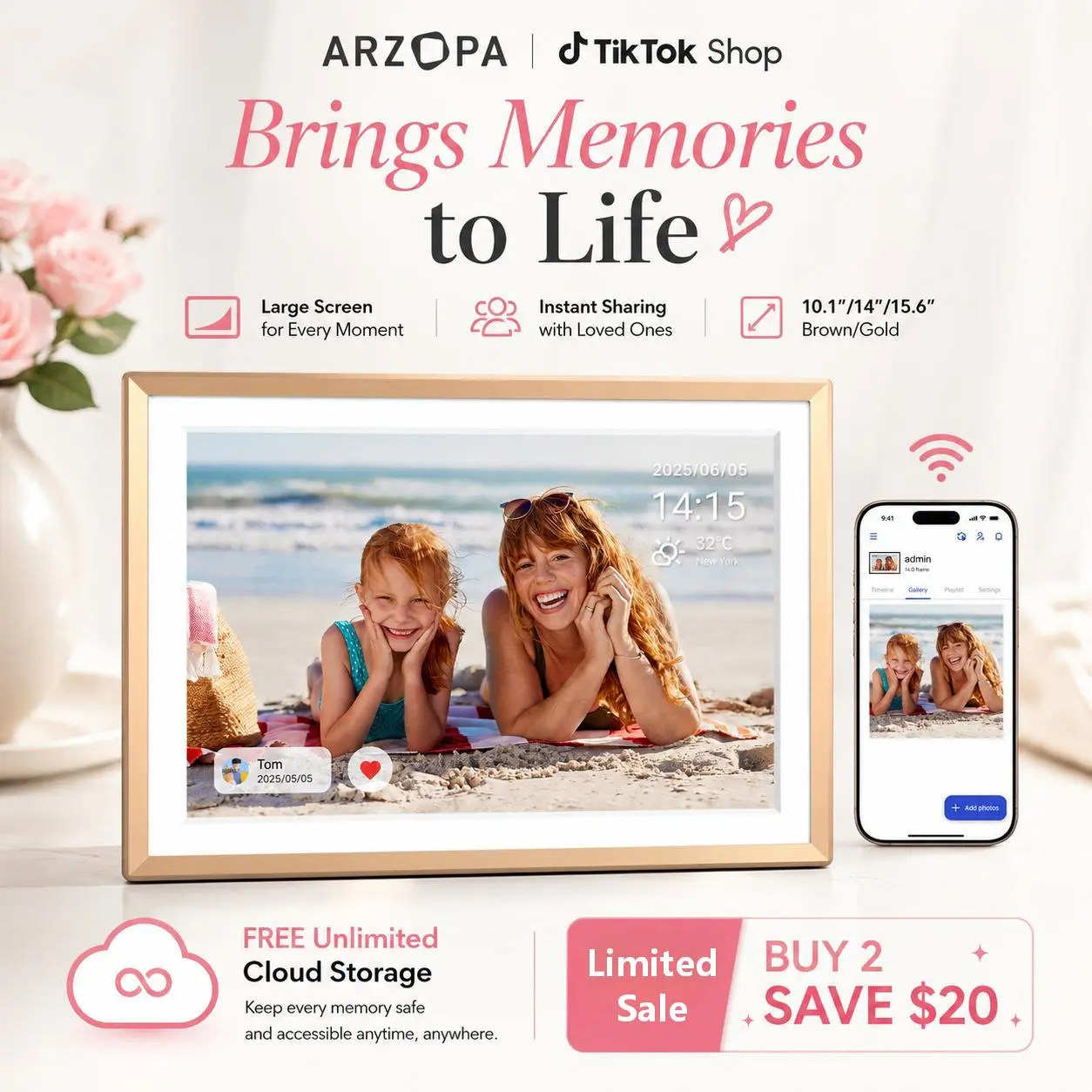 ARZOPA 14 inch Digital Photo Frame with WiFi Connect, Easy Install, Free App, Unlimited Cloud Storage, Ideal for Family Gifting (Camera Accessory for Home Decor)