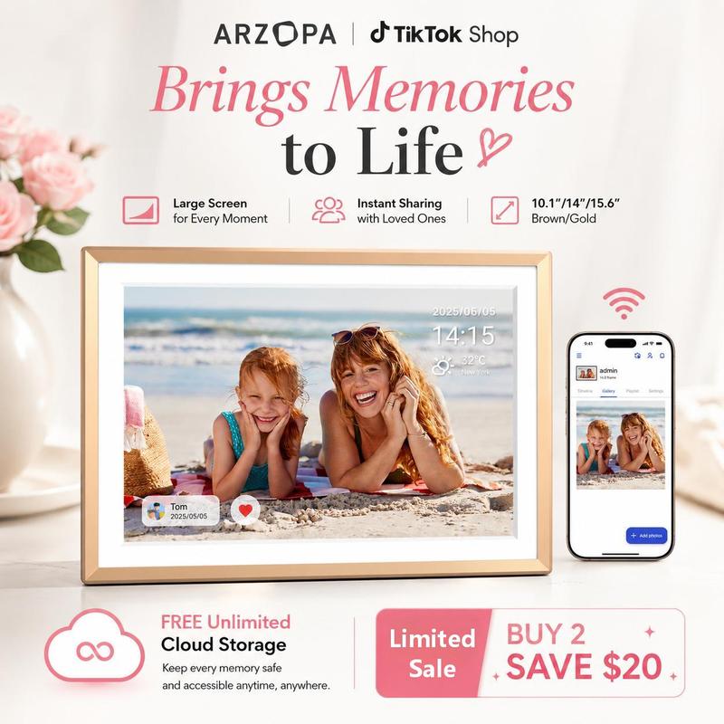 ARZOPA 14in Large Display Modern Rectangle Digital Photo Frame, WiFi, Easy Installation, Free App, Free Unlimited Cloud Storage, RK3326 CPU, Camera Attachment Digital Picture Frames for Family Gifting