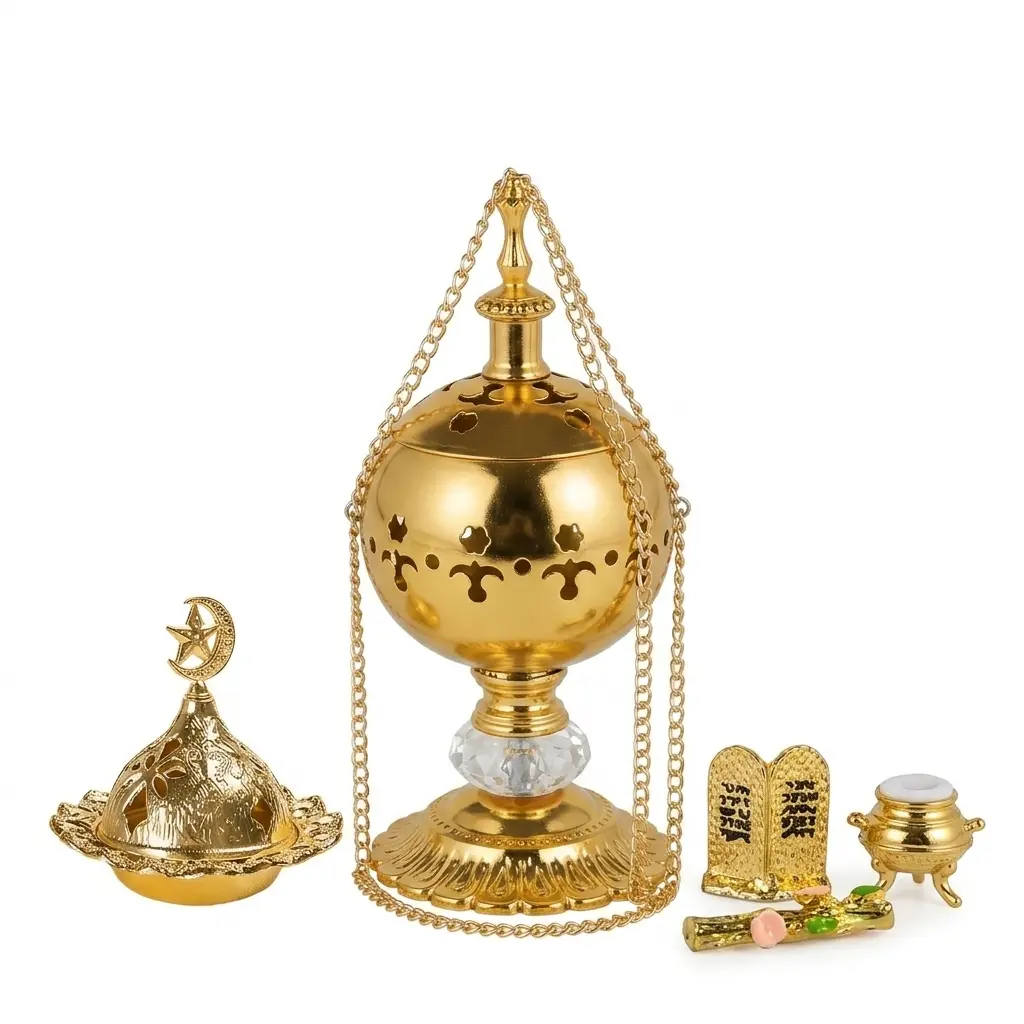 Middle Eastern Elegant Incense Burner Artifact Gift Set - Hanging Gold Censer, Crescent Moon Trinket Box with Traditional Miniatures, Star Decorative Statues, Arabic Home Decor Aromatic Use Thoughtful Cultural Gift Enduring Traditions Keepsake, Gold-Toned