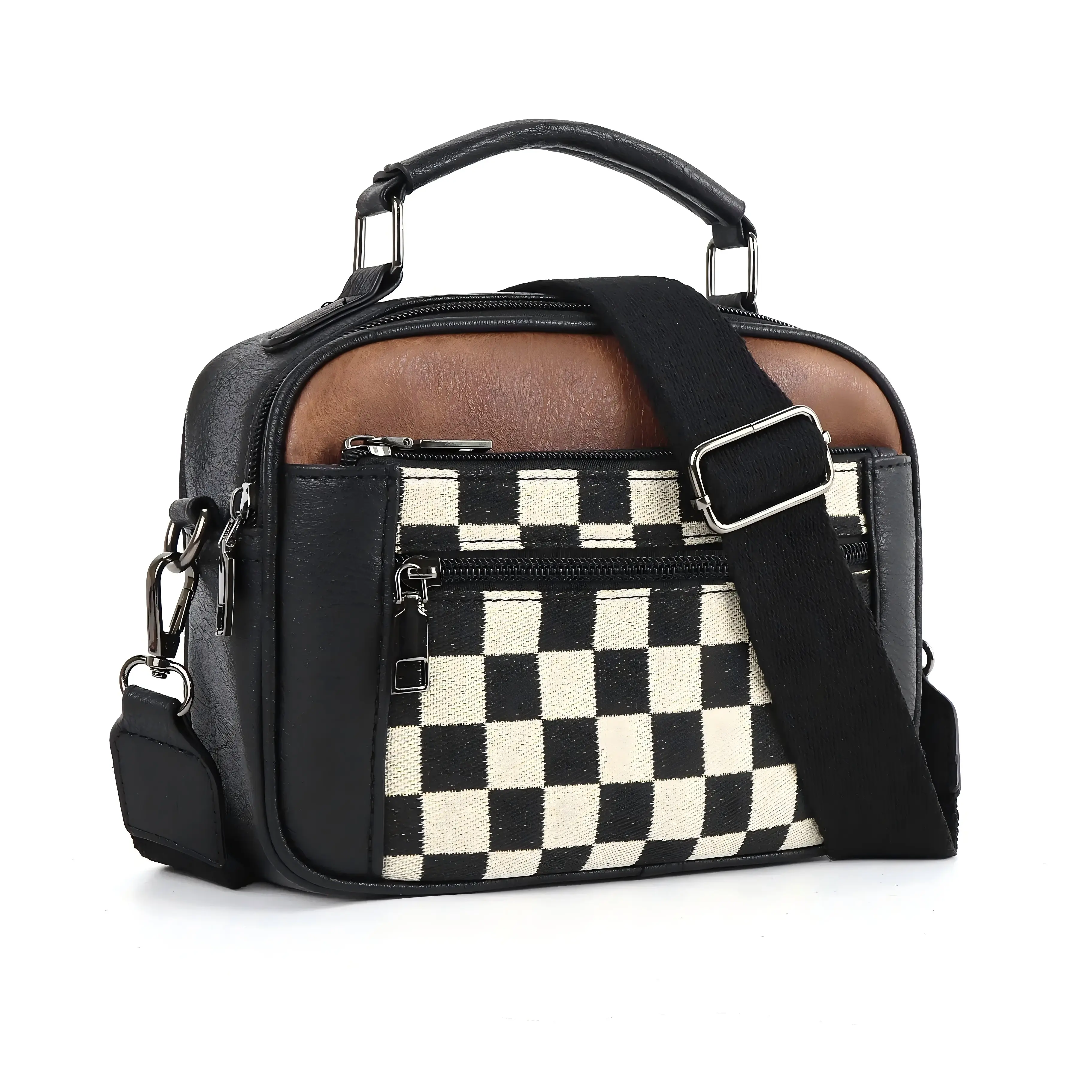 Fashion checkerboard colorblock shoulder bag, multi-pocket zippered PU leather crossbody bag, high-quality everyday commute handbag for women, versatile crossbody bag with adjustable strap, lightweight mini square bag, perfect Mother’s Day gift