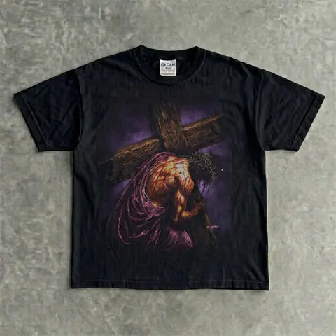 Jesus Carrying Cross T-Shirt | Christian Graphic Tee | Faith Based Shirt | Religious Streetwear | Vintage Unisex Tee