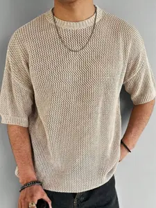 ANDREILEE Men's Knitwear Short-Sleeve Crew Neck Pullover T-Shirt - Cooling, Breathable, Retro Minimalist Solid-Color Openwork Semi-Sheer, Loose Relaxed Fit Tops for Commuting, Spring & Summer Wear,summervibes