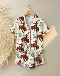 Women s Western Cowboy Cowgirl Horse Riding Pajama Set - Long Sleeve Comfort for Equestrian Style Satin Sleepwear