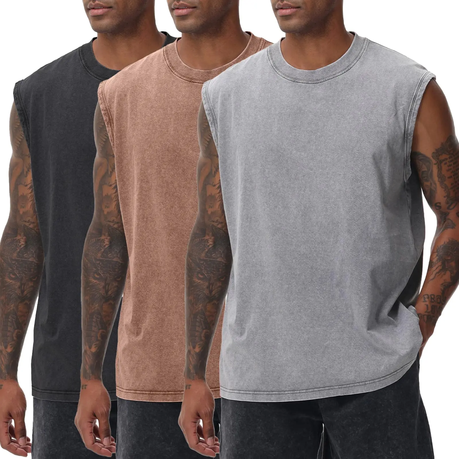 Men's Vintage Cotton Sports Tank Tops - Menswear Male Clothing, Fitted Cut Round Neck Sleeveless Muscle Tees, Acid Wash Soft Gym & Run Vests, Summer Essentials,back to school,back to school shopping