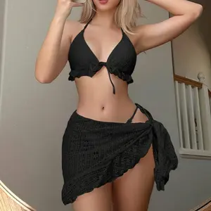 ,3 Piece Lace Bikini Set with Cover Up Skirt – Ruffled Triangle Top & Sarong Beachwear for Women